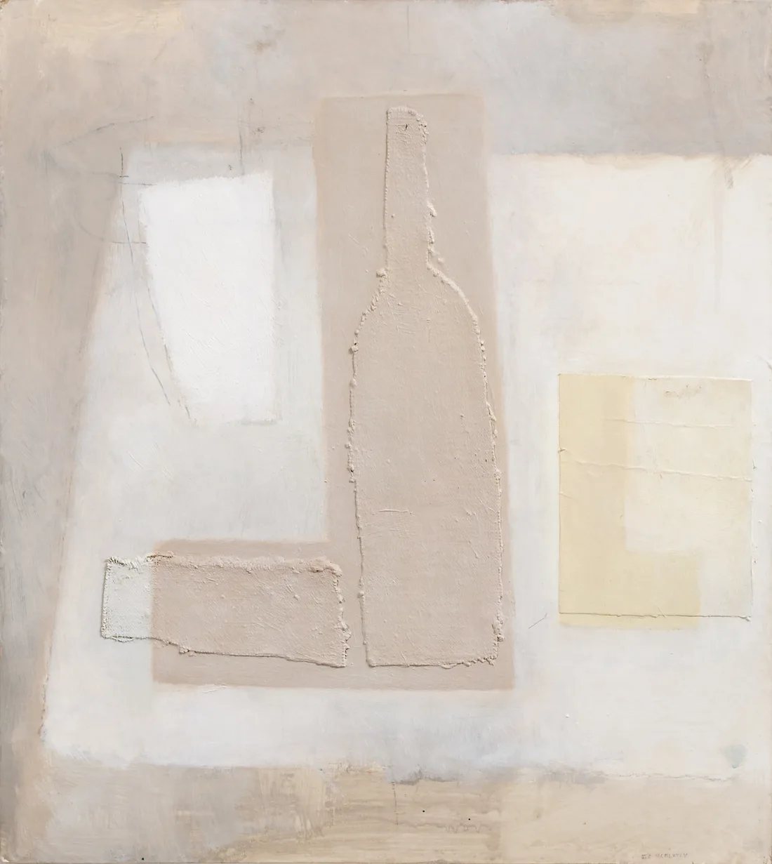 Still-life with Bottle, Bowl, Parcel and Newspaper Clipping