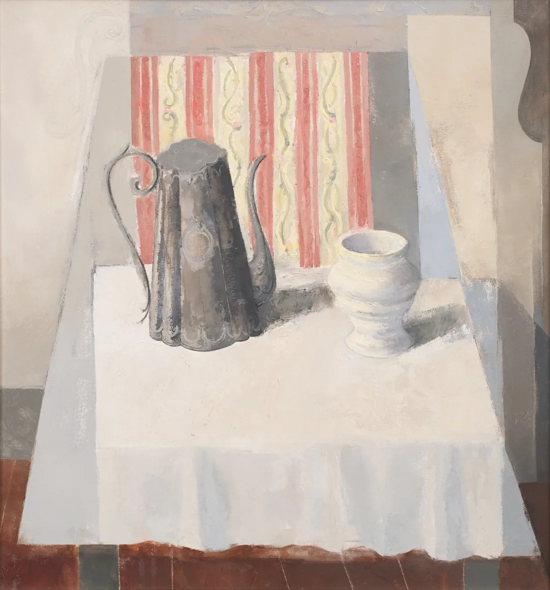 Still-life with Pewter Coffee Pot, Vase and Patterned Drapery