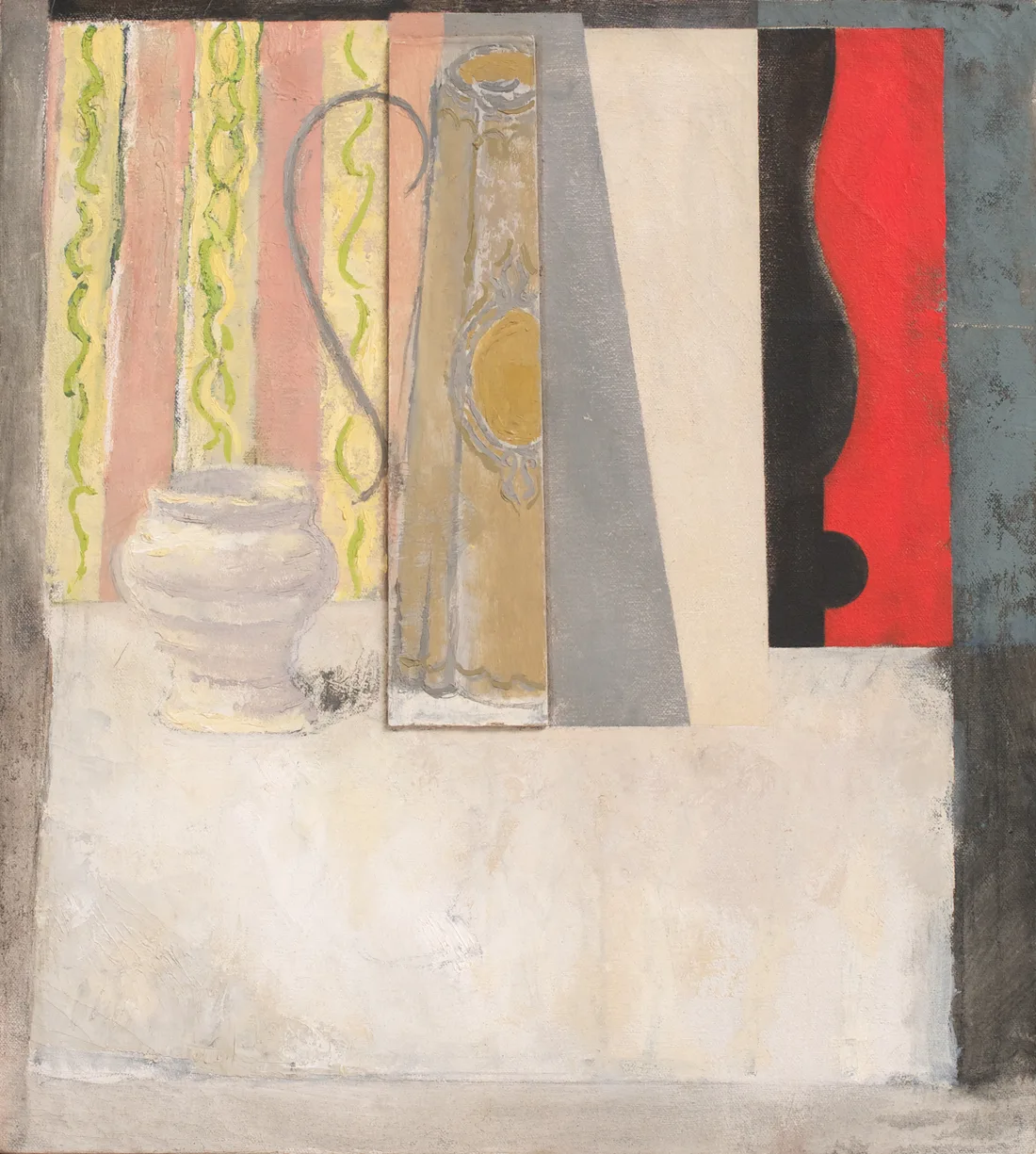 Still-life with Pewter Coffee Pot, Vase and Patterned Drapery
